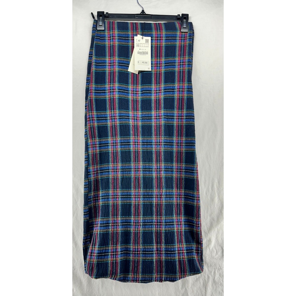 Zara Womens XS Navy Blue Plaid Midi Skirt High Waisted Tartan Pencil NEW